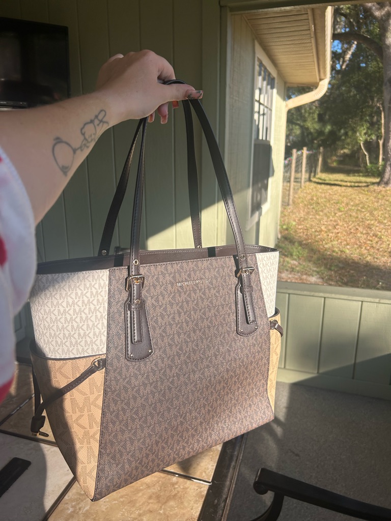 Michael Kors Tri-Panel Logo Tote In Brown, Tan & Cream